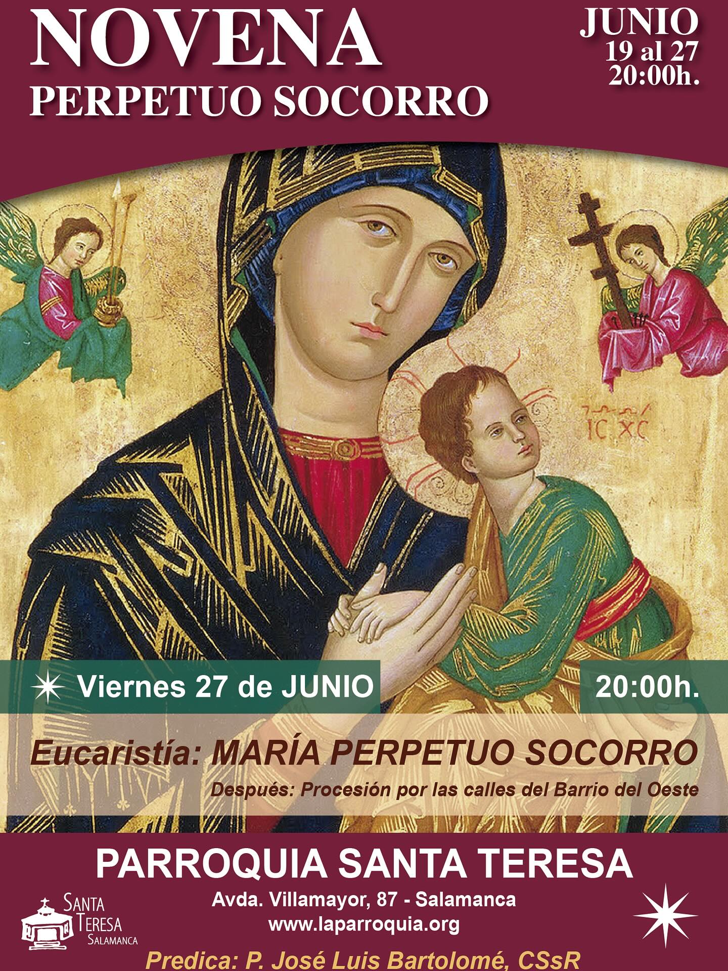 ✨ Hoy comienza la Novena a Nuestra Madre del Perpetuo Socorro ✨

🙏 Del 19 al 27 de junio
🕗 Todos los días a las 20:00 h
📍 En nuestra parroquia
🎙️ Predica el P. José Luis Bartolomé, misionero redentorista

Un tiempo de gracia para orar juntos, poner nuestras intenciones a los pies de María y dejarnos guiar por su ternura.

¡Te esperamos con fe y alegría! 💙

#NovenaPerpetuoSocorro #PerpetuoSocorro #MisionerosRedentoristas #DevociónMariana #Oración #Fe #Parroquia