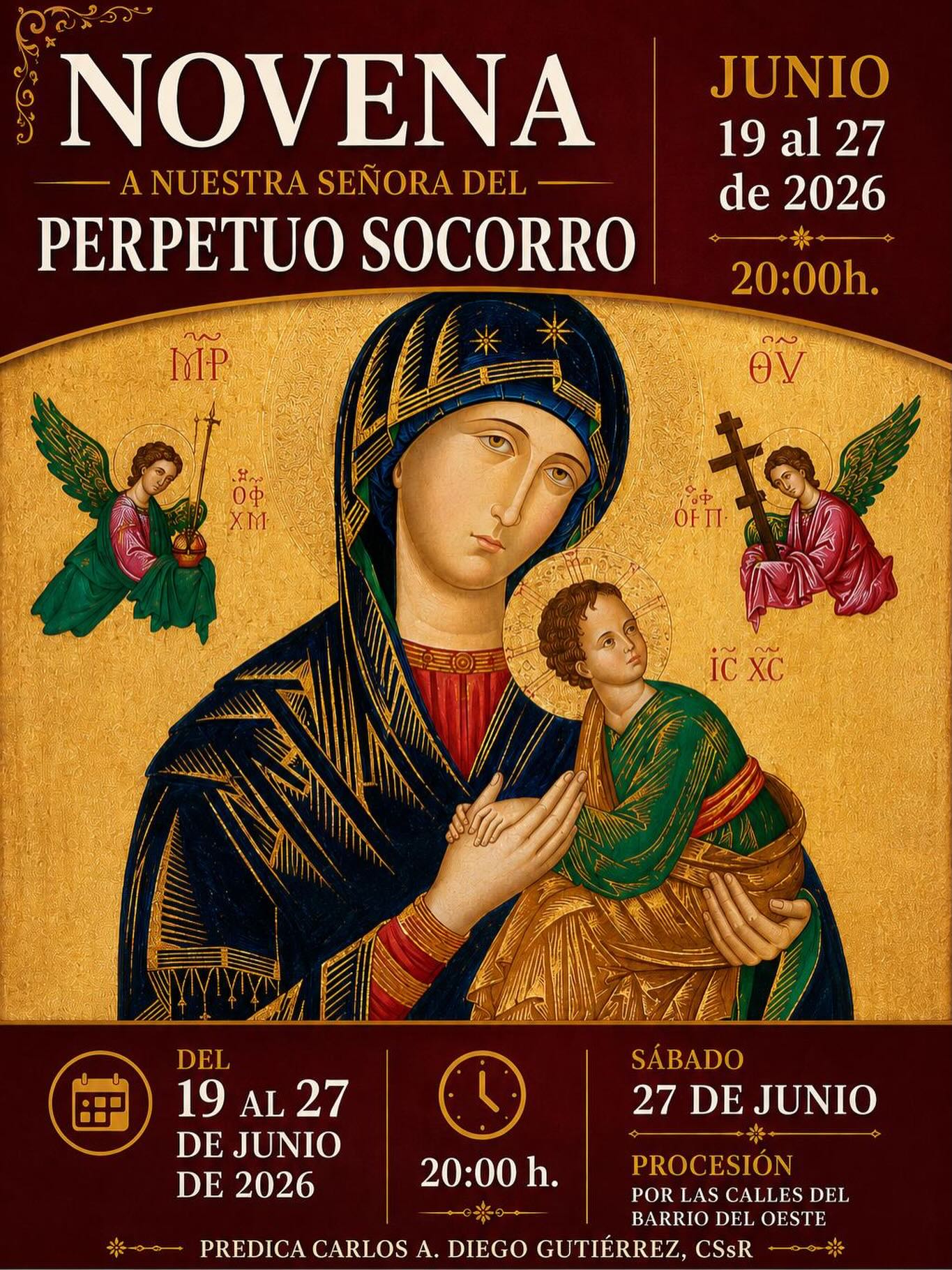 ✨🙏 Hoy comienza la Novena en honor a Nuestra Señora del Perpetuo Socorro 🙏✨

Te invitamos a acompañarnos desde hoy, 19 de junio, hasta el próximo 27 de junio en la Parroquia Santa Teresa de Salamanca. 💒

🕗 Cada día a las 20:00 h
📍 Parroquia Santa Teresa
📌 Avda. Villamayor, 87 – Salamanca

Viviremos juntos unos días de oración, encuentro y devoción a María. ❤️

Y el sábado 27 de junio celebraremos la tradicional procesión por las calles del Barrio del Oeste. ✨🕯️

¡Os esperamos! 🙌
#Novena #PerpetuoSocorro #SantaTeresaSalamanca #Salamanca #Fe VirgenMaría BarrioDelOeste ParroquiaSantaTeresa